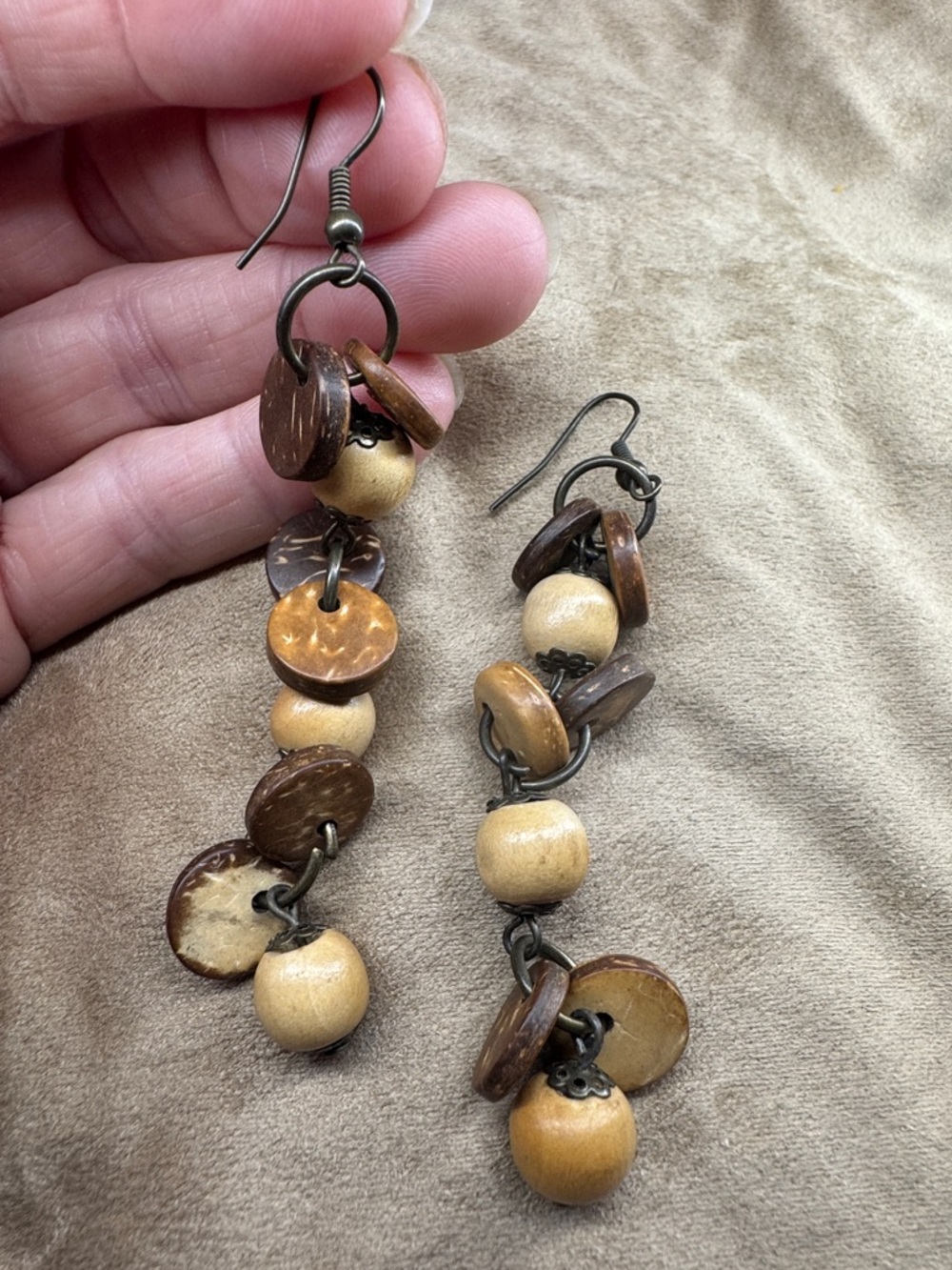 Handcrafted Boho Brown and Tan Wooden Bead Drop Earrings